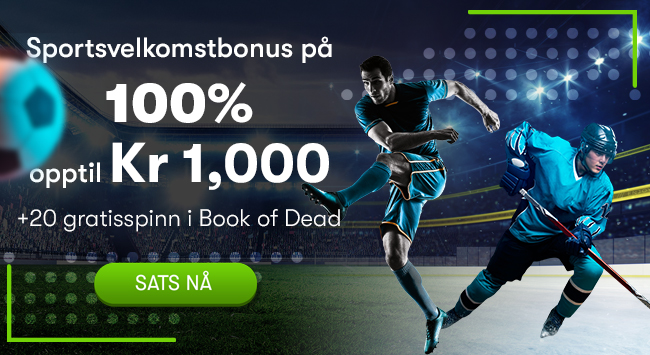 Sportsvelkomstbonus på 100% opptil Kr 1,000 +20 gratisspinn i Book of Dead